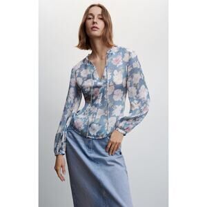 MNG Mango Floral Tie Long Sleeve Blouse Womens Size 10 Blue New Sheer